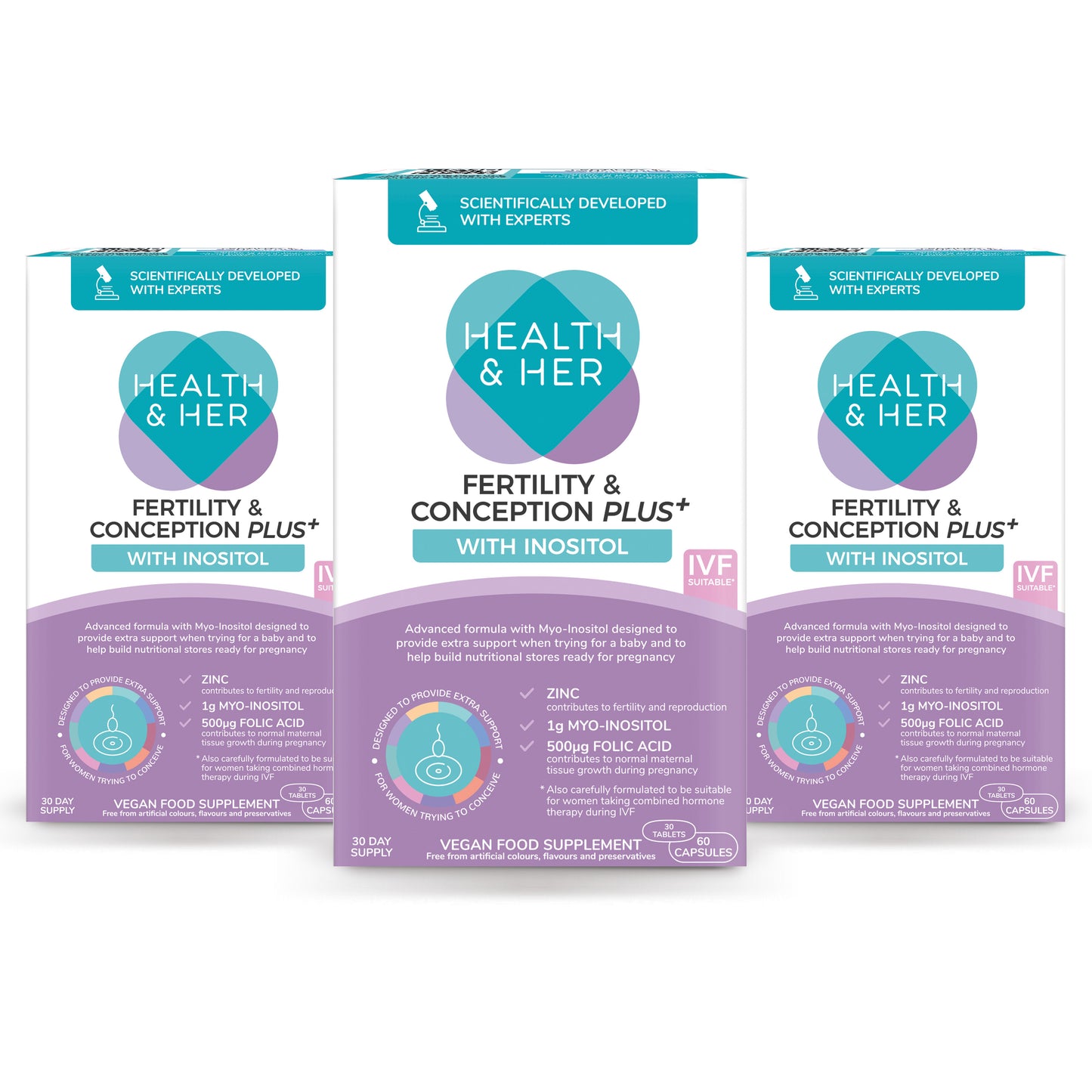Three boxes of Health & Her Fertility & Conception Plus+ supplement on a white background