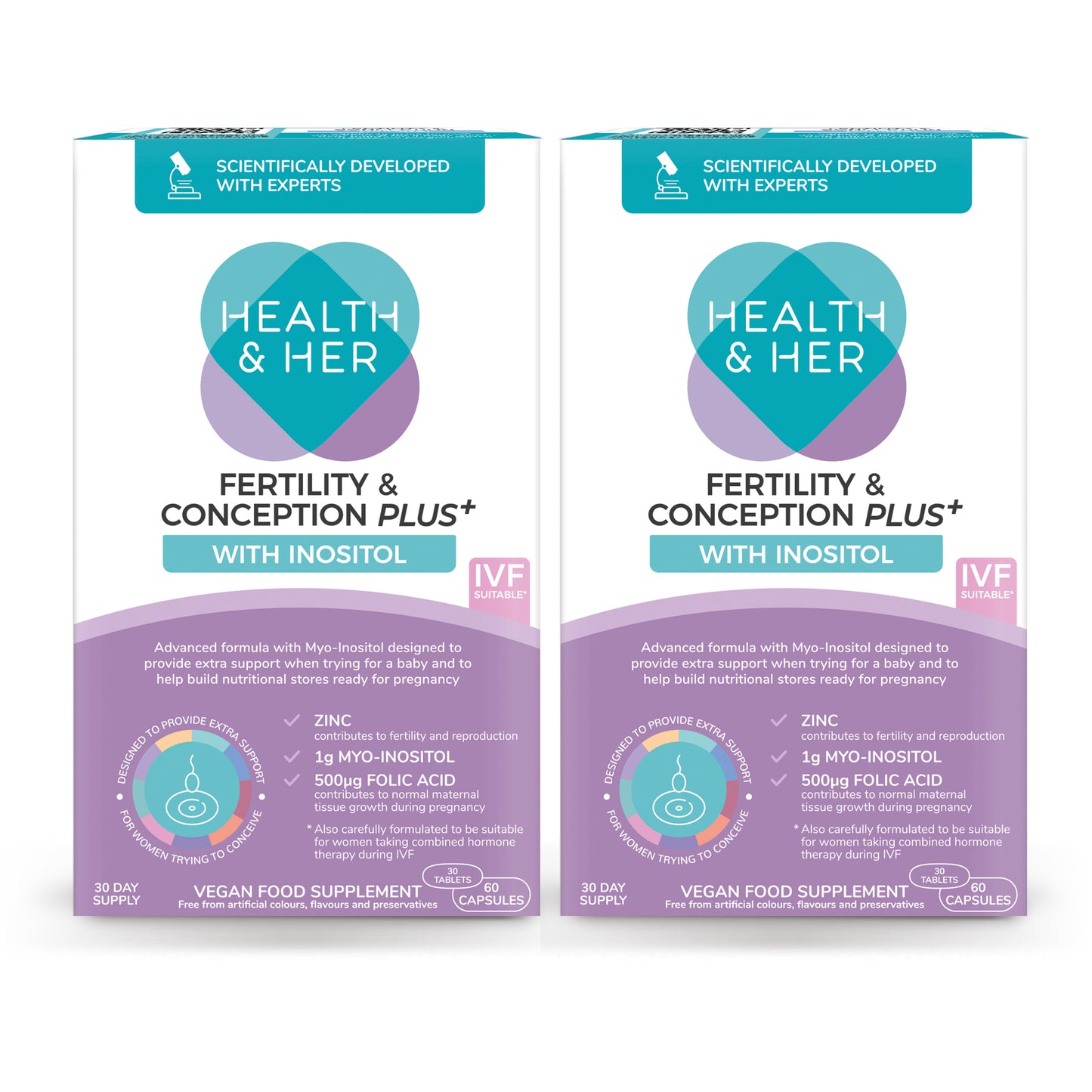 Two boxes of Health & Her Fertility & Conception Plus supplement on a white background